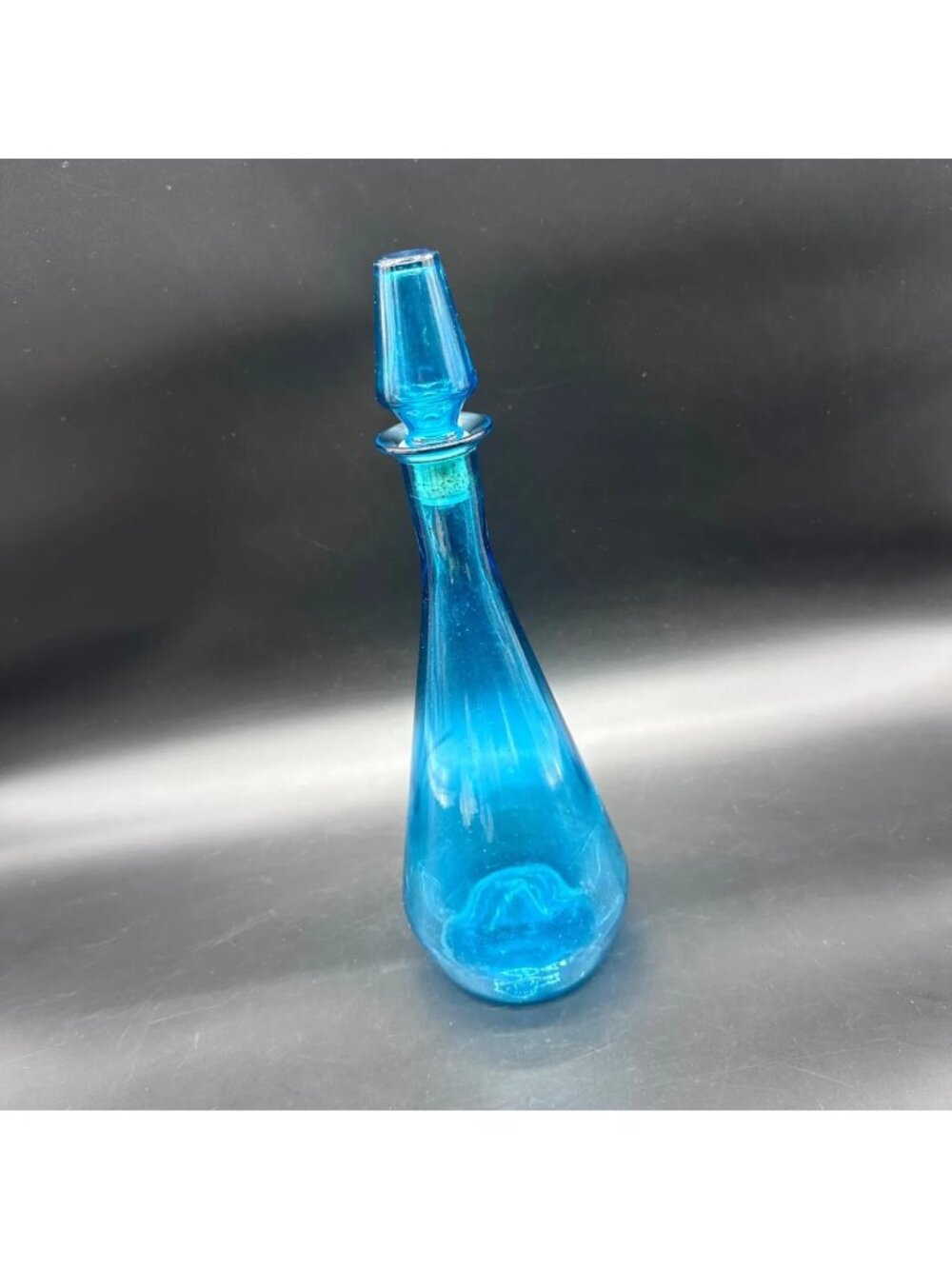 Vtg Aqua Blue Glass Genie Bottle w/Stopper MCM Decanter 1960s Downy 13.75" Tall